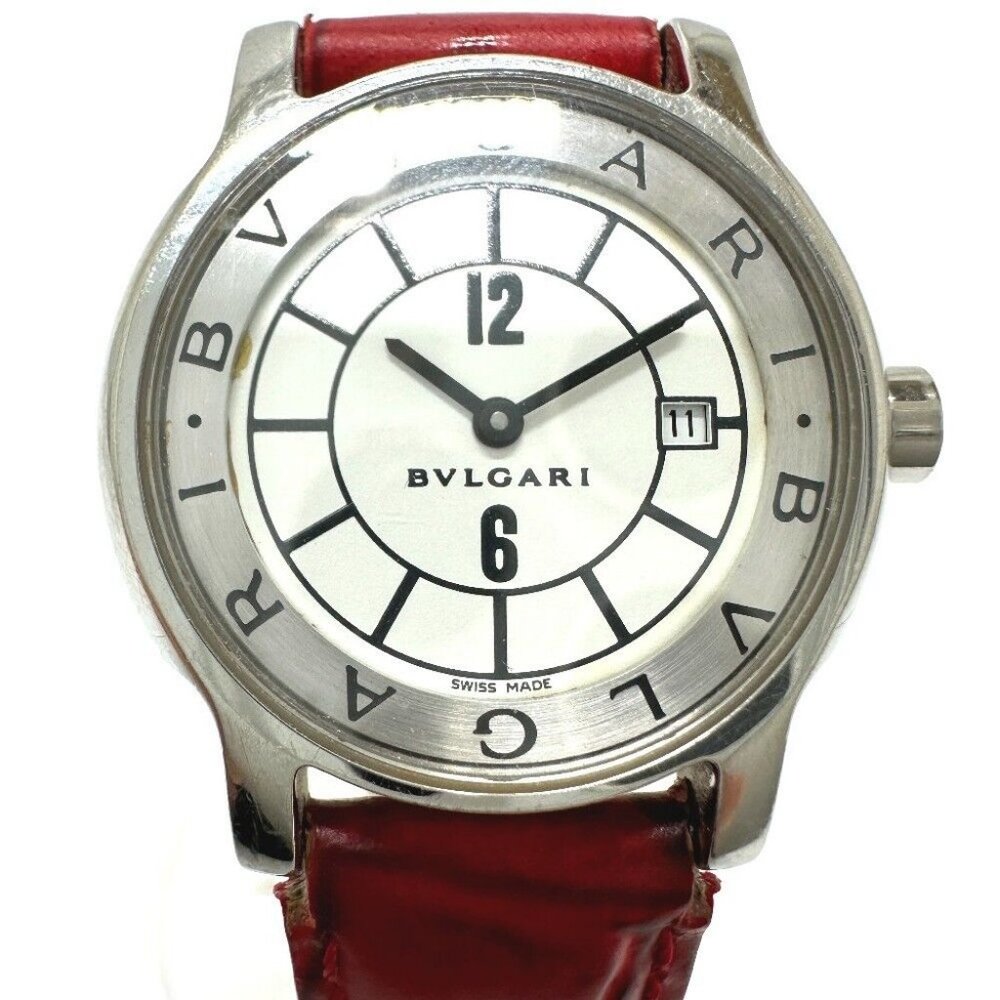 BVLGARI Solo tempo Quartz Date Wristwatch SS / Leather belt Silver/red belt